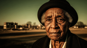A photojournalistic style image of an elderly African American woman, Viola Ford Fletcher, her face weathered but radiant with profound resilience and quiet determination, a subtle sorrowful wisdom in her direct gaze, positioned on the left third of the frame. Dramatic, soft golden hour lighting from the side casts strong highlights and shadows, emphasizing texture and emotion, with rich, deeply saturated colors. The background, slightly out-of-focus, reveals a melancholic vista of the 1921 Tulsa Greenwood District in smoldering ruins under an olive-toned sky, creating a powerful curiosity gap between her strength and the historical devastation. Shot with a high-resolution digital camera and a prime lens for shallow depth of field, the mood is solemn, impactful, and historically resonant. The entire canvas is utilized without borders or blank areas. In the upper right corner, outside a 20% safe zone from all margins, the words 'UNWAVERING TRUTH' appear stacked vertically in a bold, multi-line 'impact' font. 'UNWAVERING' is in BRONZE, larger than 'TRUTH' which is in WHITE. Both words have a subtle dimensional effect, making them pop distinctly from the background, ensuring optimal visual balance.