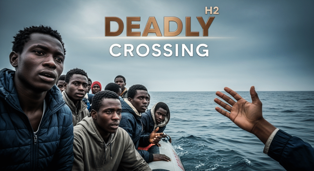 A photojournalistic style image, captured with a Canon EOS 5D Mark IV and a 35mm lens, f/2.8, low angle, showing a small, heavily overcrowded rubber dinghy struggling in a vast, dark, turbulent Mediterranean Sea under an ominous, overcast sky. The composition focuses on the upper left third, featuring the desperate, exhausted faces of several African migrants, with a prominent outstretched hand reaching out from the boat towards the viewer on the right third, conveying an urgent plea. The mood is grim, poignant, and urgent. Colors are muted blues and grays of the sea and sky, contrasting with the dark skin tones and worn, slightly desaturated clothing of the migrants, to create a strong visual impact. The words 'DEADLY' in large, bronze, impactful H2 font, visually separated from the background by a subtle glow, are centrally placed on the top line, with 'CROSSING' in a slightly smaller, white, impactful H2 font, similarly separated, placed directly below it, both words in ALL CAPS, ensuring they are outside a 20% safe zone from all margins.