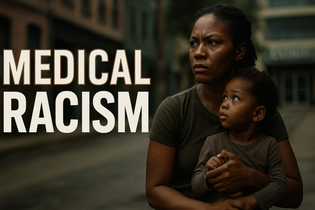 A determined Black woman in her mid-30s holds a young child on her hip while standing on a blurred urban street with a distant clinic in the background. The child looks up at her with a mix of curiosity and worry as she gazes left with a resolute expression. Soft natural light highlights their faces and casts gentle shadows. Bold text reading “MEDICAL RACISM” appears on the left side of the vertical image in bronze and white lettering.
