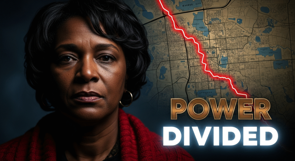 A photojournalistic style image of a resilient African American community leader, a woman in her 50s, with a determined yet somber expression, looking directly at the viewer. Her face is illuminated by dramatic, high-contrast chiaroscuro lighting, emphasizing deep shadows and sharp highlights, conveying urgency and gravity. In the background, slightly out of focus, is a stark, redrawn map of Kansas City. A prominent, unnaturally jagged line, reminiscent of Troost Avenue, cuts through the urban core, symbolizing historical segregation and current gerrymandering. This line is a vibrant, aggressive neon red, contrasting sharply with the map’s muted historical sepia tones and blues. The overall mood is urgent and defiant. Shot with a medium telephoto lens (e.g., 85mm) for an intimate portrait, shallow depth of field. The composition uses the rule of thirds, placing her face powerfully on the left vertical line. The entire canvas is utilized, with no borders or blank areas. Overlaying the image, outside a 20% safe zone from all margins and positioned for optimal visual balance, is the text ‘POWER’ in ‘Bronze’ color, rendered in a bold, multi-line H2 ‘impact’ font with a strong metallic sheen, appearing raised and separated from the background by a subtle glow. Below it, the text ‘DIVIDED’ in ‘White’ color, also in a bold H2 ‘impact’ font, with a distinct bright outline, appearing to pop from the background.