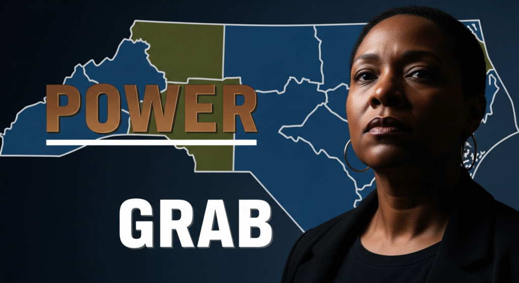 A photojournalistic style image of a determined African American woman in her mid-40s, with a resolute expression, her eyes fixed directly at the viewer. Her face is illuminated by dramatic chiaroscuro lighting with strong directional light, creating deep shadows and bright highlights that emphasize urgency and emotion. Behind her, subtly blurred, is an abstract, distorted map of North Carolina showing jagged, unnatural electoral district lines in complementary hues of deep blue and dark olive green. The composition follows the rule of thirds, placing the woman slightly off-center for dynamic impact. The image is captured with a wide-angle 24mm lens on a DSLR camera, from a slightly low angle to convey strength and gravitas. The entire canvas is used, with no borders or blank areas. In the central area of the image, clearly outside a 20% safe zone from all margins, is the text 'POWER' in a large, bold, 'BRONZE' impact font, placed on a separate line above 'GRAB'. The word 'GRAB' is in a slightly smaller but prominent 'WHITE' impact font. Both words are in ALL CAPS, with adjusted sizes for optimal visual balance. The text elements powerfully pop from the background with a strong embossed, three-dimensional effect, creating a clear separation and high contrast. The overall mood conveys fierce determination, resilience, and a powerful call for justice against electoral manipulation.