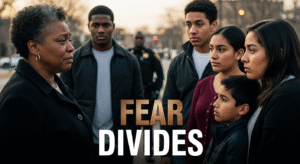 A photojournalistic style image, dramatic and gritty, portraying a tense, empathetic, and conflicted mood in an urban North Carolina setting at late afternoon. Harsh, high-contrast street lighting casts long shadows. A wide-angle, slightly low-angle shot, with a handheld feel. The composition uses the rule of thirds, showcasing a diverse group: an older Black woman on the left, her face etched with sorrow and empathy, looking towards a young Latino family (mother, father, small child) on the right, their expressions filled with fear. In the mid-ground, a younger Black man shows a conflicted expression. A blurred federal agent in uniform is subtly visible in the deep background, adding tension. Colors are muted earth tones with vibrant accents in clothing. The entire canvas is used, with no borders or blank areas. Centered on the canvas, ensuring it avoids a 20% safe zone from all margins, is impactful, multi-line, sans-serif text: 'FEAR' in ALL CAPS, Bronze, with a subtle glow, directly above 'DIVIDES' in ALL CAPS, White, with a subtle glow. Text sizes are adjusted for optimal visual balance.