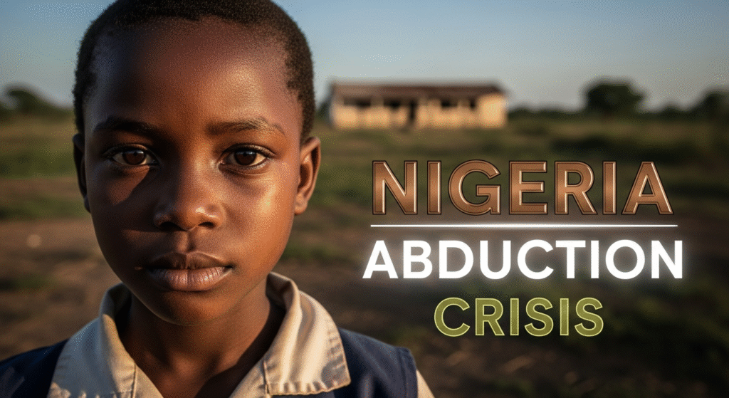  A photojournalistic style image of a solemn young Nigerian schoolgirl, approximately 10-12 years old, with deep, expressive eyes, looking directly at the viewer, conveying both vulnerability and quiet strength. She is wearing a simple, slightly dusty school uniform. The background is a soft-focused, desolate rural landscape hinting at an abandoned school building, under a diffused, late afternoon natural light creating subtle shadows on her face. The mood is urgent and deeply emotional, with a sense of resilient hope. The composition uses the rule of thirds, placing her eyes on an upper intersecting point. Colors feature earthy tones and muted greens, with her warm skin tone as a central focus, a vibrant, subtle pop of hope in the distant background. Centrally placed, outside a 20% safe zone from all margins, are the words 'NIGERIA' in large, ALL CAPS, bold bronze impact font, on a separate line below it 'ABDUCTION' in medium, ALL CAPS, bold white impact font, and below that 'CRISIS' in slightly smaller, ALL CAPS, bold olive impact font. Each word has a glowing outline that makes it pop from the background. DSLR photography, medium telephoto lens, shallow depth of field.