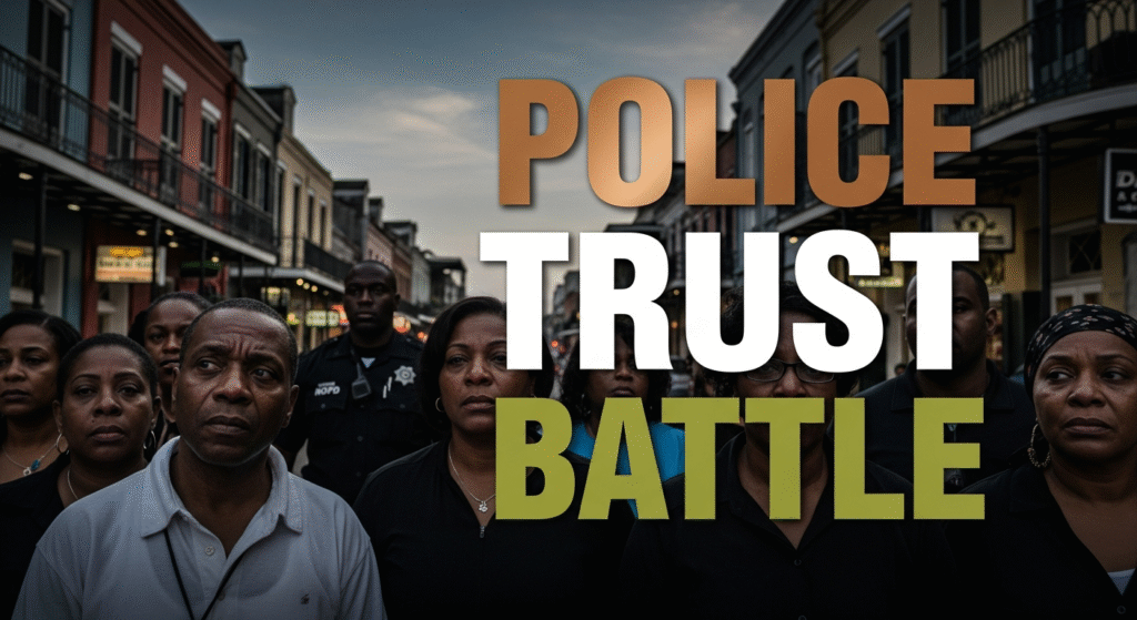 A photojournalistic style image of a diverse group of African American community members in New Orleans, standing on a bustling historic street, their faces showing a mix of skepticism and cautious hope. Some look directly at the camera with reflective expressions. In the mid-ground, a uniformed NOPD officer's silhouette is visible, slightly blurred, creating a sense of their institutional presence. The background features vibrant, iconic New Orleans architecture under a dramatic, high-contrast evening light, casting long shadows. The overall mood is tense yet resilient. A striking detail is a large, multi-line 'impact' font graphic overlay on the upper middle portion of the image, clearly outside the 20% safe zone from all margins. The first line reads 'POLICE' in bold, enlarged Bronze capital letters, designed to pop from the background with a subtle dark drop shadow. The second line reads 'TRUST' in bold, larger White capital letters, also popping with a dark drop shadow. The third line reads 'BATTLE' in bold, Olive capital letters, size adjusted for visual balance, separating from the background with a dark drop shadow. The entire canvas is utilized, with no borders or blank areas. Shot with a wide-angle DSLR lens, capturing the street scene, using the rule of thirds to frame key faces and the architecture, emphasizing luminosity and saturation contrast for a powerful visual.