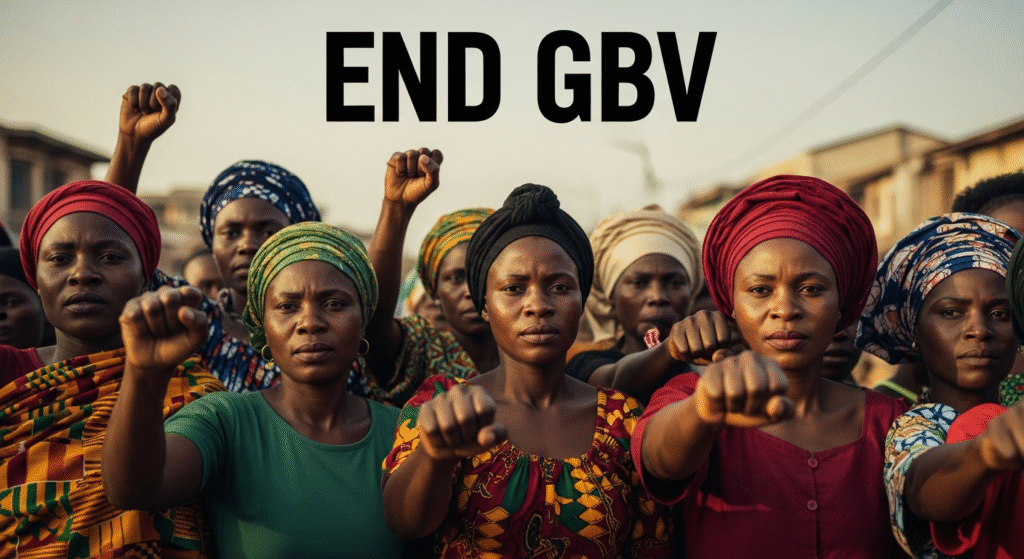 A photojournalistic style image, capturing a diverse group of African women of various ages, standing in a vibrant, slightly blurred African public space. Their faces show determined and resilient expressions, conveying strength and unity in the fight against gender-based violence. Some women have hands raised in solidarity or fists gently clenched. The scene is bathed in dramatic, warm late-afternoon natural light, emphasizing contours and emotions. Shot with a wide-angle lens (e.g., 24mm) from a slightly low angle, employing a shallow depth of field to sharply focus on the women. Rich, contrasting colors of traditional African attire (kente cloth, vibrant headwraps) pop against their skin tones and the soft background. Composition follows the rule of thirds, filling the entire canvas. The bold, dramatic text 'End GBV' is integrated seamlessly as a headline element within the upper portion of the image, clearly legible and complementing the scene. No borders or blank areas.