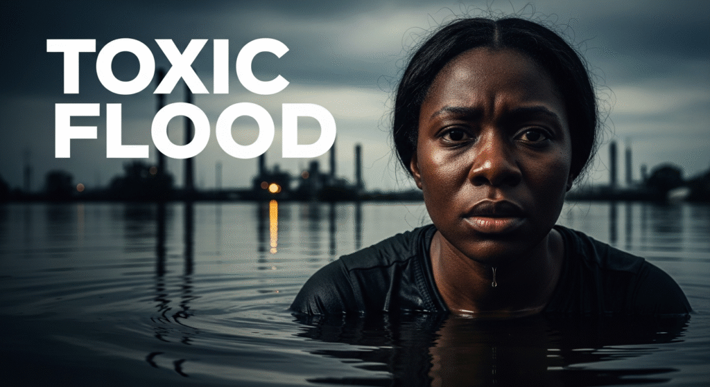 A photojournalistic style image of a resilient Black woman, her face expressing concern and determination, looking directly at the viewer. She stands knee-deep in murky, dark floodwaters that reflect an ominous, overcast sky and blurred industrial refinery stacks in the background. A subtle, unsettling oily sheen is visible on the water's surface, hinting at contamination. Dramatic, low-key lighting emphasizes shadows and highlights on her face, with contrasting pops of warning orange from distant industrial elements. The composition uses the rule of thirds, placing her face off-center for visual impact. Bold white text, 'TOXIC FLOOD', is dramatically integrated across the upper portion of the image, serving as a powerful headline. Use the entire canvas with no borders or blank areas.