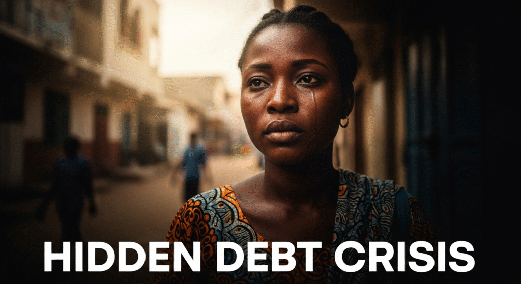 A photojournalistic style image of a young Senegalese woman, mid-shot, her face conveying a serious blend of concern and quiet determination, a single tear glistening. She is framed slightly off-center by the rule of thirds in a bustling but uncluttered urban Dakar street scene, with hints of daily life receding into the background. Dramatic chiaroscuro lighting casts her in a soft, warm glow against deep, expressive shadows, symbolizing the unveiled truth of 'hidden' debt. Rich, high-contrast earth tones and muted traditional African colors like deep blues and burnt oranges dominate the palette. Captured with a wide-angle lens from a slightly low angle, emphasizing the weight of the situation and her resilience. The bold, dramatic phrase "Hidden Debt Crisis" is legibly integrated into the bottom of the image in stark white text.