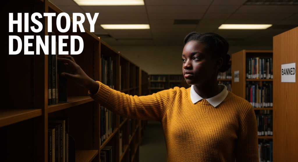 A photojournalistic style image capturing a dramatic moment: a young Black female student, around 14 years old, standing in a dimly lit, slightly barren school library. Her determined face is visible, highlighted by a focused, low-key light, with shadows deepening the mood. She is reaching her hand towards a noticeably empty section on a wooden bookshelf, symbolizing missing knowledge. The background shows rows of partially empty shelves and a few books subtly marked 'Banned' in the distance, creating a sense of loss and censorship. The student wears a bright, contrasting mustard yellow sweater, making her a clear focal point. Shot with a wide-angle DSLR lens at eye-level, focused sharply on her face and hand. The composition follows the rule of thirds, placing the student on the right vertical third, with the empty shelf space occupying the left. The overall mood is serious yet resolute. Bold, white text, "History Denied", is dramatically integrated into the top third of the image, legible against a darker background area, using the entire canvas with no borders.