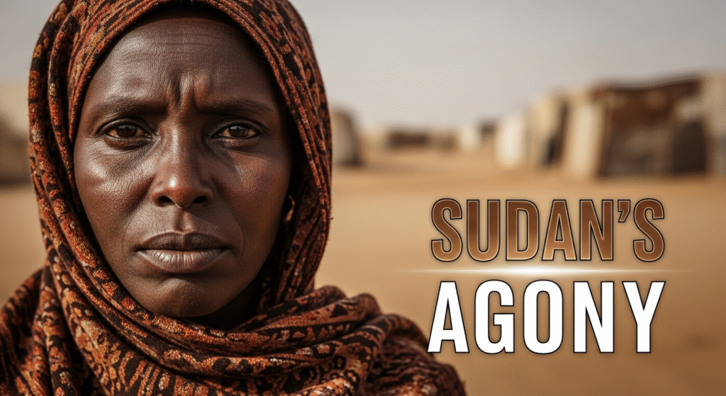 A photojournalistic style image, a powerful, close-up, eye-level portrait of a resilient Black Sudanese woman, aged 40-50, her face etched with profound weariness and unwavering determination. Her eyes, filled with deep emotion, look directly at the viewer, creating a strong curiosity gap. The background is a blurred, dusty backdrop suggesting a refugee camp or a war-affected urban area, with faint outlines of makeshift shelters or damaged buildings. Diffused natural daylight creates soft yet distinct shadows that highlight the contours of her face, giving a sense of raw realism. Shot with a DSLR, 85mm prime lens, shallow depth of field. The mood is somber, dignified, and resilient, yet with a hint of desperation. Her face is positioned according to the rule of thirds. Dominant earthy tones of ochre, burnt sienna, and muted browns in the background and her traditional clothing, her dark skin providing a rich contrast. Centered on the image, outside a 20% safe zone from all margins, is the text element 'SUDAN'S' in ALL CAPS, Bronze color, on a multi-line 'impact' font, slightly elevated and with a subtle glow separating it from the background, and directly below it, the text element 'AGONY' in ALL CAPS, White color, on the same multi-line 'impact' font, adjusted for optimal visual balance to be larger than 'SUDAN'S', also with a subtle glow separating it from the background. The entire canvas is utilized with no borders or blank areas.