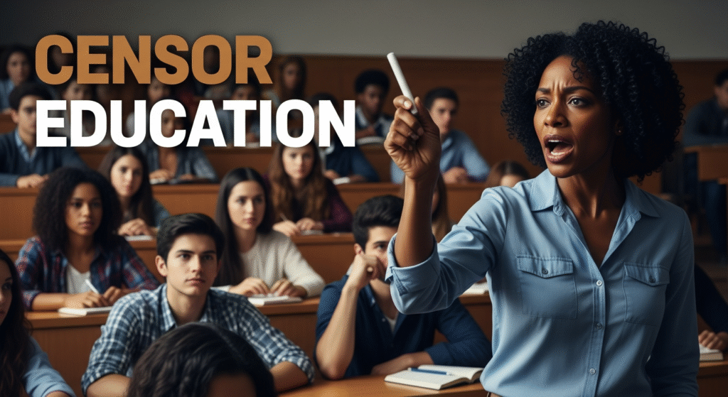 A photojournalistic style image capturing the urgent mood of academic struggle. A powerful, determined Black female professor, mid-forties, delivers a passionate statement, her eyes conveying both defiance and deep intellectual conviction, facing slightly to the right of the frame, adhering to the rule of thirds. Her right hand is raised, holding a piece of chalk, pointing towards an unseen concept. The background is a vibrant, slightly blurred university lecture hall filled with diverse students, some looking intently, others with concerned expressions, creating a deep sense of a shared moment. Dramatic, high-contrast chiaroscuro lighting emphasizes her strong features and the intensity of her expression, with warm academic tones and cool shadows to enhance depth and emotion. Shot with a wide-angle lens on a high-resolution DSLR camera. In the upper left area of the canvas, outside a 20% safe zone from all margins, the word 'CENSOR' appears in large, bold, multi-line H2 'impact' font, colored rich bronze, with a strong, illuminated white outline that makes it pop vividly, visually separating it from the background. Directly below it, adjusted for optimal visual balance, the word 'EDUCATION' appears in equally large, bold, multi-line H2 'impact' font, colored stark white, also with a strong, illuminated white outline, filling the entire canvas with no borders or blank areas.
