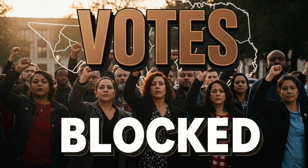 A photojournalistic style image of a diverse group of Texans, including Black, Hispanic, and Asian individuals, standing with determined and hopeful expressions, gathered in an outdoor public space, possibly a courthouse square or plaza. They form a united front, conveying resilience and the ongoing fight for voting rights. Subtle, fractured, translucent lines of a distorted Texas map are faintly visible in the background and subtly integrated into the environment, symbolizing gerrymandering and its impact. The composition utilizes the rule of thirds, with the group prominently positioned in the central portion of the frame, their faces visible and conveying emotion. Dramatic golden hour lighting creates strong highlights and shadows, emphasizing their expressions and adding depth to the scene, contributing to a serious yet defiant and hopeful mood. Shot with a wide-angle 24mm f/2.8 lens, capturing an expansive view. High contrast in luminosity, saturation, and hue, utilizing a palette of warm earth tones, deep blues, and greens for a vibrant yet grounded feel. The word 'VOTES' in large, bold, bronze, ALL CAPS impact font, with a prominent dark outline and a subtle 3D extrusion effect to make it pop from the background, is centrally placed on the upper-middle canvas, ensuring it is outside the 20% safe zone from all margins. Directly below it, the word 'BLOCKED' in equally large, bold, white, ALL CAPS impact font, with a prominent dark outline and a subtle 3D extrusion effect to make it pop from the background, is centrally placed on the lower-middle canvas, also ensuring it is outside the 20% safe zone from all margins. The entire canvas is utilized with no borders or blank areas.