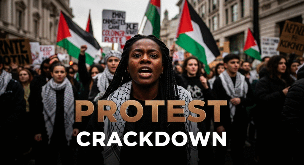A photojournalistic style image of a powerful and urgent street protest in London. The foreground features a defiant Black woman activist, her face filled with intense determination, her eyes meeting the camera directly. She is positioned according to the rule of thirds. Behind her, a diverse crowd of protestors holds Palestinian flags and signs with anti-colonial messages. Subtle police presence is visible in the background, hinting at the escalating situation. Dynamic street lighting creates dramatic shadows and highlights, emphasizing the raw emotion and urgency. Shot with a wide-angle lens (e.g., 24mm) at eye-level, capturing the immersion of the scene. The mood is defiant and unified. High contrast in luminosity and saturation with vibrant reds, greens, and golds from the protest elements against the muted tones of London architecture. In the center, clearly outside a 20% safe zone from all margins, is the text 'PROTEST' in large, ALL CAPS, impact font, colored bronze. Directly below it, also centrally placed, is the text 'CRACKDOWN' in slightly smaller, ALL CAPS, impact font, colored white. Both text elements have a subtle glowing outline to make them pop from the background. The entire canvas is used, with no borders or blank areas.