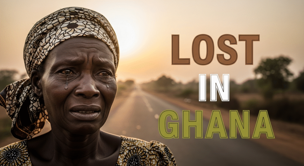 A photojournalistic style image of a distressed older West African woman, her face expressing profound worry and a searching gaze, a single tear subtly welling in her eye, positioned on the left third of the frame, wearing a muted, patterned headscarf. In the background, a hazy, sun-drenched, dusty Ghanaian landscape stretches into the mid-distance with sparse vegetation and a faint, empty road, symbolizing the unknown fate and vastness of the disappearance. The mood is somber and urgent, captured during golden hour with soft, diffused natural light, shot with a DSLR and a medium-wide lens. Dominant colors are earthy browns, ochres, and muted greens, with subtle pops of color in her attire, contrasted by the vast, open space. The composition uses the rule of thirds, directing the viewer's eye from her face into the background. The multi-line H2 'impact' font text, all words in ALL CAPS, is centrally positioned, ensuring a 20% safe zone from all margins. The first line reads 'LOST' in bronze, with optimal visual balance. The second line reads 'IN' in white, adjusted for optimal visual balance. The third line reads 'GHANA' in olive, with optimal visual balance. Each word pops from the background with a subtle, glowing outline. No borders or blank areas, using the entire canvas.