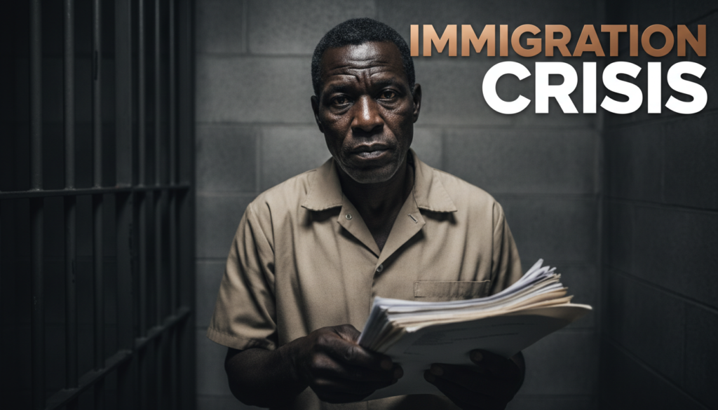 A realistic, high-resolution photojournalistic portrait of a Black Haitian man in a stark, dimly lit immigration detention center. He has deep brown skin, a weathered face, and a look of quiet resilience. He is wearing a tan, industrial-style detention uniform. He holds a set of legal papers in his hands, highlighting the due process barriers and language gaps described in the text. The background consists of a cold, grey cinderblock wall and the blurred bars of a cell, capturing the harsh conditions and the "policing-to-deportation pipeline." The lighting is cinematic and somber, emphasizing the human cost of the 2026 enforcement plans. Text overlay: "IMMIGRATION CRISIS" with the first word "IMMIGRATION" in Metallic Bronze and the second word "CRISIS" in Bright White.