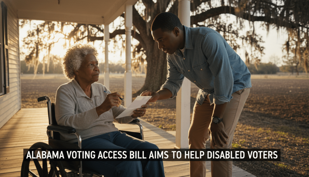 A high-resolution, award-winning photojournalism shot of an elderly African American woman with silver hair and a thoughtful expression, seated in a wheelchair on the wooden porch of a house in rural Alabama. Standing beside her, a younger African American man in casual attire leans down, respectfully offering assistance as she holds an absentee ballot. The setting is the Alabama Black Belt, featuring sun-drenched, warm afternoon light filtering through a large oak tree with hanging Spanish moss. In the background, the rich, dark soil of the region is visible. The image captures a moment of dignity and civic duty, with sharp details on the weathered texture of the porch and the focused facial features of both individuals. Integrated into the lower third of the scene as a cinematic, bold white chyron is the text: "Alabama Voting Access Bill Aims to Help Disabled Voters".