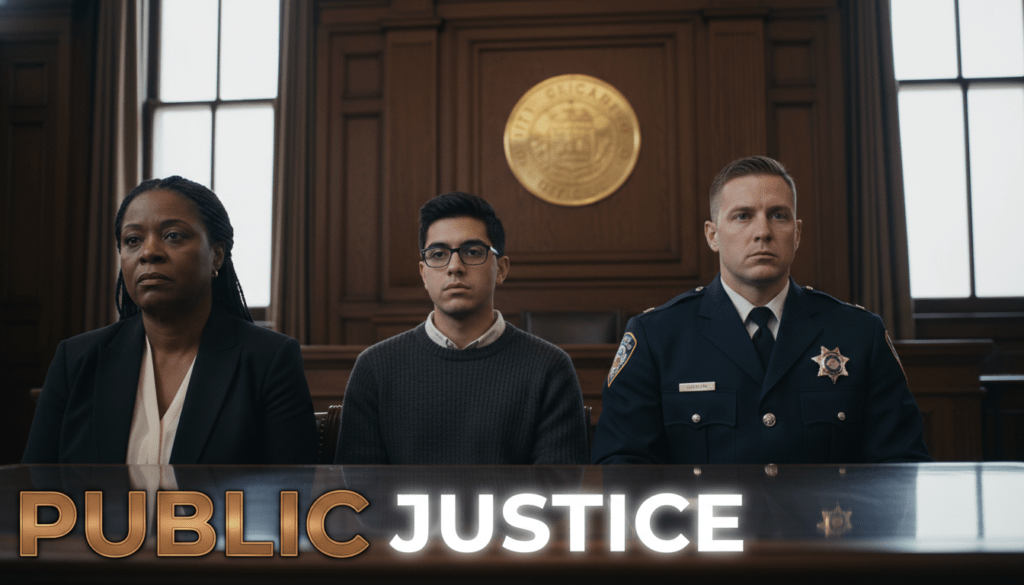 A realistic, high-resolution photojournalist-style photograph of a tense Chicago Police Board public hearing. In the foreground gallery, an African American woman in her late 50s with a somber, determined expression and a young Latino man in a charcoal sweater sit side-by-side, representing the Black and Brown communities seeking accountability. In the mid-ground, a white police officer in a formal blue Chicago Police Department uniform with silver badges sits at a polished wooden defense table, his jaw set. The background features the heavy oak paneling of a municipal hearing room and the official seal of the City of Chicago. The lighting is cinematic yet natural, highlighting the textures of the wood and the raw emotion on the faces of the observers. Text overlay at the bottom reads "PUBLIC JUSTICE" with the word "PUBLIC" rendered in Metallic Bronze and "JUSTICE" in Bright White.