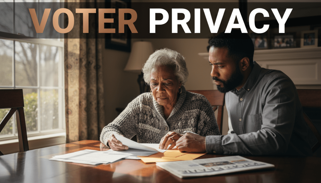 A high-resolution, realistic photograph from the perspective of an elite photojournalist, capturing a multi-generational African American family in a sunlit living room in Atlanta, Georgia. An elderly African American woman with deep-toned, weathered skin and silver hair sits at a wooden table, her expression one of grave concern as she reviews a voter registration document. Beside her, her adult son, an African American man in his 40s with a short-cropped beard, leans in with a protective and focused gaze. The table is scattered with official-looking envelopes and a newspaper featuring a headline about "Voter Data." The lighting is natural and directional, casting soft shadows that emphasize the texture of the paper and the serious facial expressions of the subjects. The background shows a blurred, warm domestic setting, highlighting the vulnerability of their private information. Text overlay: "VOTER PRIVACY". Render the first word "VOTER" in Metallic Bronze and the second word "PRIVACY" in Bright White.