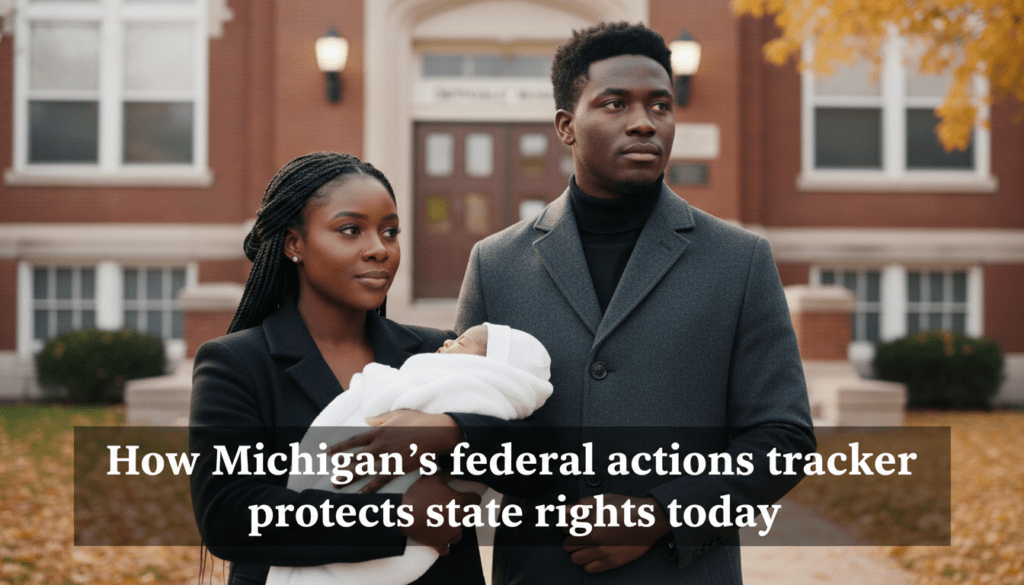 A professional, high-resolution photojournalist-style shot capturing a young Black family of Nigerian descent standing in front of a Detroit public school building in Michigan. The mother, with deep mahogany skin and elegant braids, holds a newborn baby in a soft white swaddle, representing the newborns at the center of the birthright citizenship legal battle. Beside her, the father, a Black man in a professional charcoal coat, looks toward the school with an expression of quiet resilience. The setting features the realistic red brick and limestone architecture typical of Detroit’s civic buildings under the soft, natural light of a Michigan autumn. The composition is cinematic with a shallow depth of field, focusing sharply on the family’s features and skin tones. Integrated into the lower third of the frame is a bold, cinematic text overlay that reads: "How Michigan's federal actions tracker protects state rights today".
