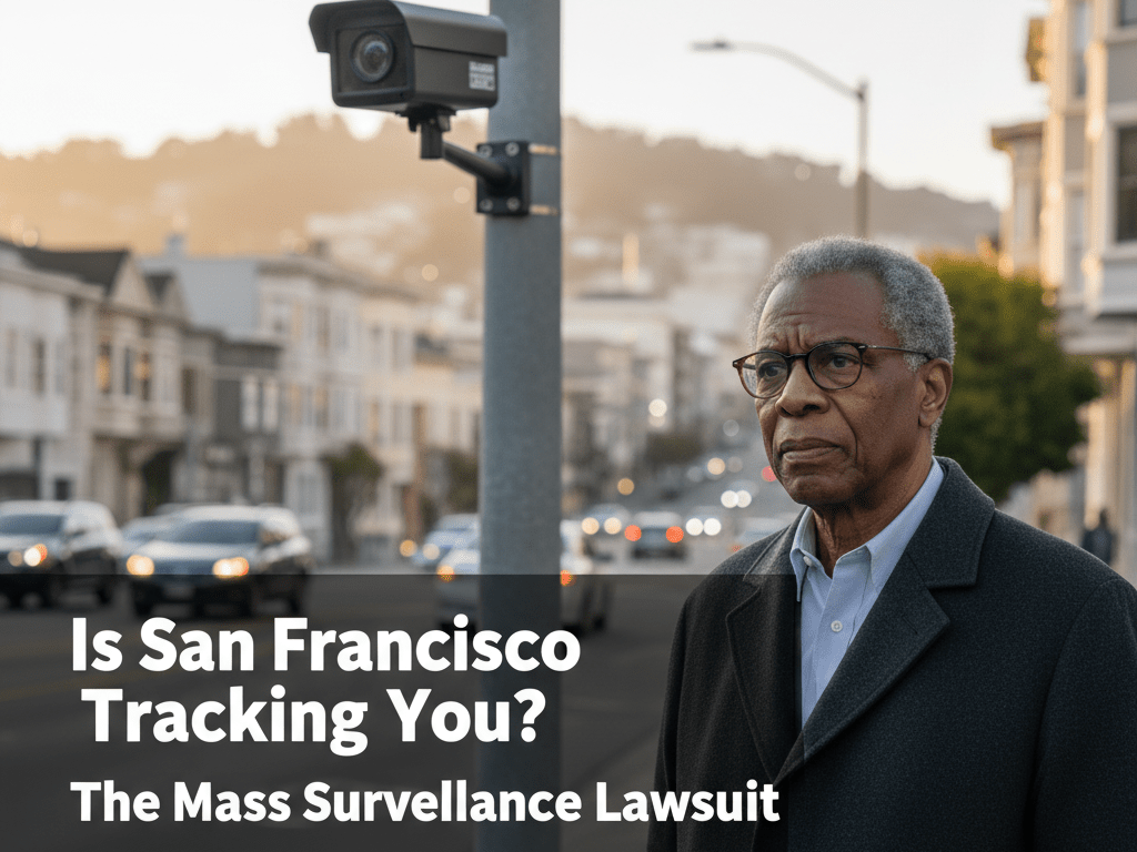 A realistic, high-resolution photojournalistic image of Michael Moore, a retired African American teacher in his late 60s with a dignified but concerned expression, standing on a San Francisco sidewalk. In the background, the iconic hilly urban landscape and Victorian architecture of San Francisco are visible under a hazy, late afternoon sky. A sleek, modern black Automated License Plate Reader (ALPR) camera is prominently mounted on a grey utility pole in the mid-ground, its lens pointed toward the street. The man is wearing a professional charcoal wool coat and glasses, reflecting his background as an educator. The image is captured with a 35mm lens, featuring a shallow depth of field that keeps the subject and the surveillance camera in sharp focus while the city traffic is softly blurred. Large, bold, cinematic text is integrated into the center of the scene reading: "Is San Francisco Tracking You? The Mass Surveillance Lawsuit".