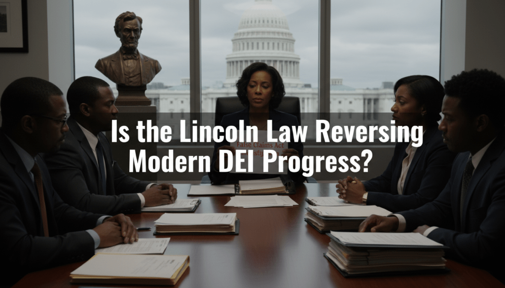 A hyper-realistic photojournalistic wide shot of a contemporary corporate office in Washington D.C. The scene features a group of professional African American men and women in business attire, looking distressed and focused as they sit around a large mahogany table covered in legal folders and government documents. One African American woman in her 40s, wearing a professional blazer, holds a paper marked "False Claims Act investigation." In the background, a subtle, blurred bust of Abraham Lincoln sits on a pedestal near a window showing the U.S. Capitol building. The lighting is cinematic with deep shadows and sharp focus on the textures of the suits and paper. Overlaid in the center is bold, cinematic, white text that reads: "Is the Lincoln Law Reversing Modern DEI Progress?"