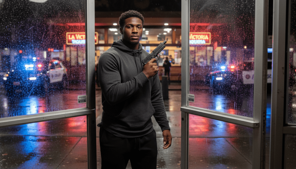 A high-resolution, cinematic photojournalist’s shot of K’aun Green, a 20-year-old African American man with an athletic build, backing out of the glass double doors of La Victoria Taqueria at night. He is holding a black handgun by the top of the barrel in his left hand, with the muzzle pointed safely toward the sky in a non-threatening, peacemaker posture. Green has a dark skin tone, a focused and urgent facial expression, and is wearing a contemporary dark athletic hoodie and joggers. The background features the warm, vibrant interior of the San Jose taqueria, while the foreground is dramatically illuminated by the sharp, flickering blue and red lights of arriving police cruisers reflecting off the rain-slicked pavement. The image is sharp with a shallow depth of field, emphasizing the texture of the glass and the metallic finish of the confiscated weapon. Text overlay: "SYSTEMIC FAILURE" with the word "SYSTEMIC" rendered in Metallic Bronze and the word "FAILURE" in Bright White.