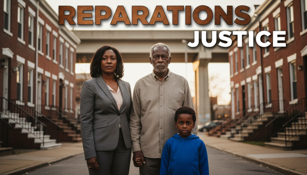 A sharp, high-resolution photojournalist portrait of a multi-generational African American family standing in a West Baltimore neighborhood. The family, consisting of an elderly Black man with graying hair and a weathered face, a middle-aged Black woman in a professional blazer, and a young Black child, expresses resilience and dignity. They are framed by iconic red-brick row houses with white marble steps, while the stark concrete overpass of the "Highway to Nowhere" is visible in the soft-focus background. The lighting is natural late-afternoon sun, highlighting their deep skin tones and the textures of the urban Maryland landscape. Text overlay: "REPARATIONS JUSTICE". Style: Render the first word in Metallic Bronze and the second word in Bright White.