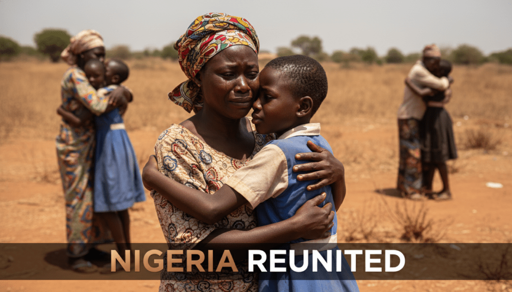 A high-resolution, professional photojournalism shot of a heart-wrenching reunion in Niger State, Nigeria. The central focus is a Black Nigerian mother with deep, dark skin and a vibrant patterned headwrap, weeping with joy as she tightly embraces her 11-year-old daughter. The daughter, also Black Nigerian, is wearing a dusty, worn St. Mary’s Catholic School uniform. The scene is set outdoors in the arid, sun-drenched landscape of rural Nigeria with a dusty ground. In the background, other Nigerian families and children are seen in emotional embraces, blurred by a shallow depth of field. The lighting is the harsh, bright midday sun, casting natural shadows. The textures of the mother's cotton wrapper and the girl's school dress are sharp and detailed. A text overlay at the bottom center reads "NIGERIA REUNITED" with the word "NIGERIA" rendered in Metallic Bronze and the word "REUNITED" rendered in Bright White.