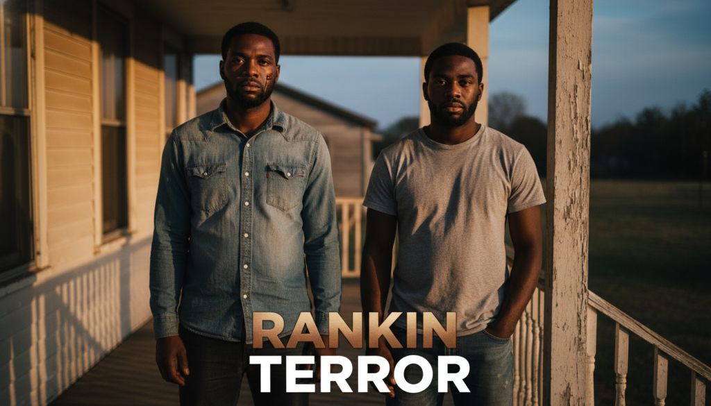 A high-resolution, gritty photojournalistic portrait of two African American men, Michael Corey Jenkins and Eddie Terrell Parker, standing together in rural Braxton, Mississippi. Michael Corey Jenkins, an African American man in his 30s, has a somber expression and a visible healed scar along his jawline; Eddie Terrell Parker, also an African American man in his 30s, stands beside him with a steady, dignified gaze. They are dressed in simple, modern casual clothing. The setting is the porch of a weathered Mississippi home at dusk, with soft, dramatic evening light highlighting the textures of their skin and the grain of the wooden architecture behind them. The composition mimics a professional news photograph with sharp focus on the subjects and a shallow depth of field. Text overlay at the bottom center reads "RANKIN TERROR". Render the first word "RANKIN" in Metallic Bronze and the second word "TERROR" in Bright White.