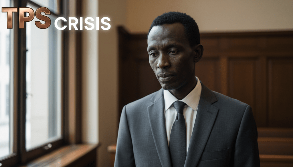 A high-resolution, professional photojournalistic portrait of a tall, dark-skinned South Sudanese man in his late 40s, representing the beneficiaries of Temporary Protected Status. He is captured in a moment of quiet reflection inside a Boston federal building, standing near a large window with soft, natural light hitting his face. He has deep-toned African features and short-cropped hair, wearing a clean, modern charcoal grey suit and a white dress shirt. His expression is one of somber resilience, reflecting the weight of the January 2026 deportation deadline. The background shows the blurred interior of a courtroom with traditional wood paneling. The photograph has a shallow depth of field, emphasizing his weathered but determined facial features and the texture of his skin. Text overlay: "TPS CRISIS" with the word "TPS" rendered in Metallic Bronze and the word "CRISIS" in Bright White.