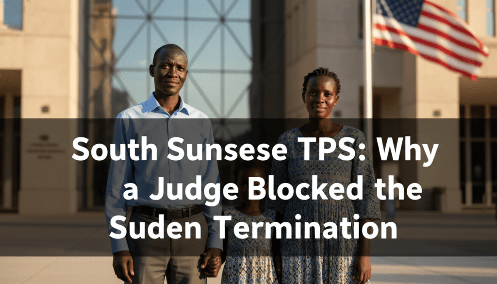 A high-resolution, photorealistic wide shot from an elite photojournalist's perspective, capturing a South Sudanese family—a father, mother, and young daughter, all with deep dark skin tones and distinctive Nilotic East African facial features—standing in a sun-drenched urban plaza in front of a modern U.S. federal courthouse. The family wears contemporary American professional attire; the father is in a button-down shirt and slacks, and the mother wears a modest modern dress with subtle patterns. Their expressions convey a mix of profound relief and quiet resilience. The background shows the architectural detail of the courthouse and a blurred American flag. Superimposed across the center of the frame is bold, cinematic, integrated white text that reads: "South Sudanese TPS: Why a Judge Blocked the Sudden Termination". The lighting is natural golden-hour light, highlighting realistic skin textures and sharp clothing details, shot on a 35mm lens with a shallow depth of field.