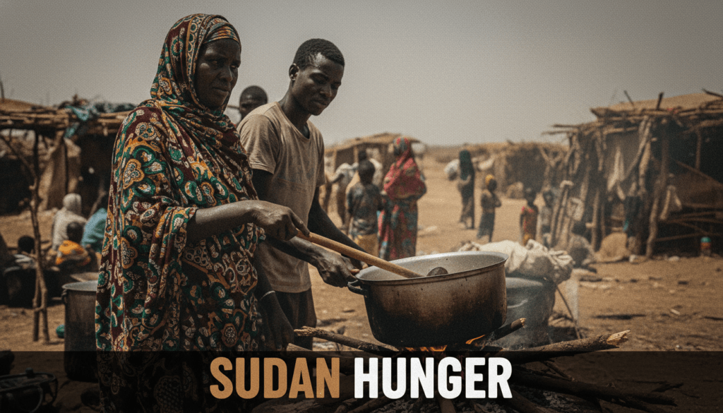 A high-resolution, gritty photojournalistic shot of the hunger crisis in Sudan. The central focus is a group of Black Sudanese volunteers from an Emergency Response Room working in a makeshift communal kitchen within a dusty displacement camp. A Sudanese woman with deep ebony skin and weary but resilient eyes, wearing a colorful traditional patterned toub, stirs a large, weathered metal pot over an open wood fire. Beside her, a young Sudanese man in a sweat-stained t-shirt assists, his face etched with concentration. The background reveals the harsh, arid landscape of a camp like Zamzam, with blurred silhouettes of families and shelters made of sticks and tattered tarps under a punishing midday sun. The air is thick with heat haze and fine dust. Centered at the bottom, the text "SUDAN HUNGER" is overlaid; the word "SUDAN" is rendered in Metallic Bronze and the word "HUNGER" is rendered in Bright White.
