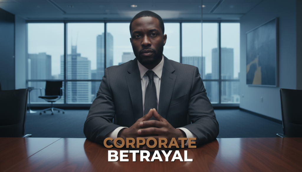An elite, high-resolution photojournalistic shot of a professional African American man in his late 30s, dressed in a sharp, tailored charcoal business suit, sitting for an interview in a cold, modern corporate boardroom. The setting is a high-rise wealth management office with floor-to-ceiling glass walls and a polished mahogany table, reflecting the high-stakes environment of a major bank. His expression is one of intelligence and earnest preparation, contrasted against the sterile and impersonal atmosphere of the empty boardroom. The lighting is cinematic and cool-toned, highlighting the fine details of his skin and the crisp texture of his white dress shirt. Centered at the bottom, a dramatic text overlay reads: "CORPORATE BETRAYAL", with the word "CORPORATE" rendered in Metallic Bronze and the word "BETRAYAL" in Bright White.