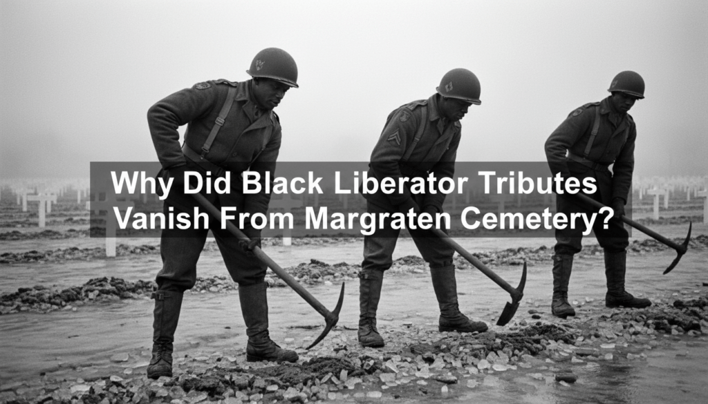 A high-resolution, cinematic photojournalistic image of African American soldiers from the 960th Quartermaster Service Company during the harsh winter of 1944 at the Margraten cemetery in the Netherlands. The Black soldiers, with somber and weary expressions, are shown in a wide shot using pickaxes and shovels to break through the frozen, muddy Dutch soil to prepare graves. They are dressed in period-accurate WWII U.S. Army wool field jackets, M1 helmets, and heavy boots caked in gray mud. The background features the bleak, misty landscape of the Netherlands American Cemetery with early wooden crosses stretching into the distance. The lighting is cold and naturalistic, capturing the grit and texture of the frozen ground and the dark skin tones of the men. Centered on the image in a bold, cinematic white sans-serif font is the text: "Why Did Black Liberator Tributes Vanish From Margraten Cemetery?"