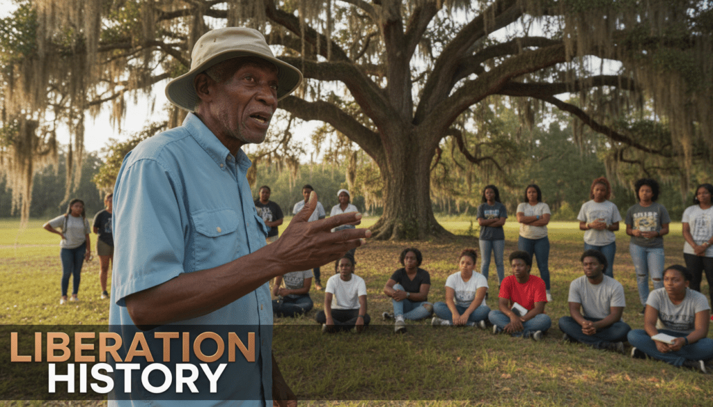 A realistic, high-resolution photojournalistic image of Dr. Marvin Dunn, an elderly African American professor with a dignified, weathered face and grey hair, standing outdoors under a massive, ancient live oak tree draped in Spanish moss in rural Florida. He is passionately gesturing while teaching a diverse group of attentive African American college students and community members who are gathered on the historic, grassy ground of Rosewood. Dr. Dunn is dressed in a light-colored, short-sleeved button-down shirt and a sun hat suitable for fieldwork. The scene is captured in the warm, dappled afternoon sun, with the lush greenery of the Florida landscape in the soft-focus background. The composition is a powerful, candid shot focusing on the transmission of oral history in an open-air classroom. Text overlay at the bottom reads "LIBERATION HISTORY" with "LIBERATION" rendered in Metallic Bronze and "HISTORY" in Bright White.