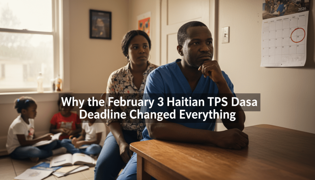  A realistic, high-resolution photojournalistic portrait of a Black Haitian family inside their home in the United States. The father, a Haitian man in his 40s wearing blue medical scrubs, sits at a kitchen table with a somber and resilient expression, resting his chin on his hand. Beside him, a Black Haitian woman in her late 30s looks toward a wall calendar where the month of February is visible. Two young African American children, a boy and a girl born in the U.S., are blurred slightly in the background, playing with schoolbooks. The lighting is cinematic and natural, coming from a nearby window, highlighting the deep skin tones and the domestic setting. The composition captures the "legal limbo" and anxiety of the 2026 deadline. Overlaid on the image in bold, cinematic, white sans-serif typography is the text: "Why the February 3 Haitian TPS Deadline Changed Everything".