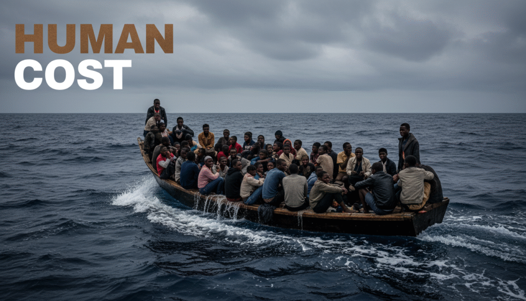 A photojournalistic style image capturing a harrowing scene on the tumultuous Central Mediterranean. An overcrowded, flimsy wooden dinghy, filled with dozens of African migrants, struggles against choppy, dark-blue waves under a heavy, overcast sky. Faces are etched with profound exhaustion, despair, and a flicker of desperate hope. Some migrants are huddled together, others gaze distantly across the vast, indifferent sea, their clothes damp and torn. Water splashes over the bow, highlighting the extreme peril. Cinematic, dramatic lighting casts deep shadows and stark highlights, emphasizing the raw, realistic textures of weathered skin, drenched fabric, and the relentless, frothing sea. The composition is wide-angle, showing the immense scale of the ocean dwarfing the fragile vessel and its human cargo, evoking a sense of overwhelming vulnerability. Overlay text: 'HUMAN COST', rendered in a prominent, multi-line H2 'Impact' font, ALL CAPS. The word 'HUMAN' should be colored Bronze. The word 'COST' should be colored White and placed on a separate line directly below 'HUMAN', with clear visual separation to make the words 'pop'. This entire text block must be positioned in an open, clear area of the sky or sea, maintaining at least a 15% 'safe zone' margin from all edges of the frame. Ensure the text is perfectly visible, balanced, and does not obstruct any part of the main subject (migrants or boat).