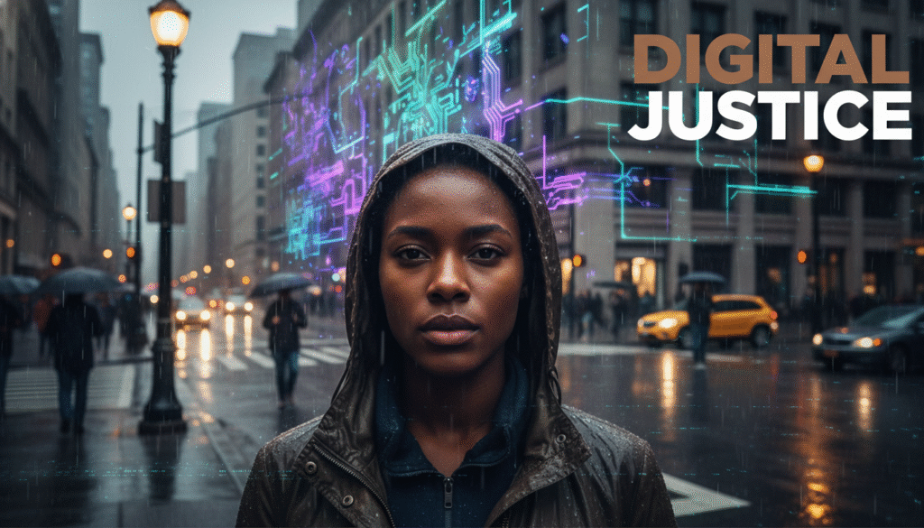 A photojournalistic style image capturing a resolute, diverse individual (e.g., a Black woman in her late 20s-early 30s) standing in a bustling, rain-slicked urban environment at dusk. Her face, illuminated by a warm, cinematic streetlight, shows a look of determined awareness, direct gaze at the viewer. Behind her, the city's concrete buildings and classic architecture subtly morph into an intricate, luminous network of abstract circuit board patterns and glowing data streams, symbolizing the pervasive nature of AI. Digital distortions and faint, algorithmic lines subtly overlay parts of the scene, hinting at systemic bias. The overall lighting is dramatic and moody, with realistic textures of wet pavement, brick, and glowing digital energy. Text Overlay: The phrase 'DIGITAL JUSTICE' in a bold, multi-line H2 impact font, ALL CAPS. The word 'DIGITAL' must be in Bronze color. The word 'JUSTICE' must be in White color. Each word should be on its own line for visual separation to make them pop. Position the text prominently in the upper right corner, ensuring it remains completely outside a 15% 'safe zone' from all edges of the frame. The text must be fully visible, balanced within its placement, and absolutely not obstruct the main subject's face or central features.