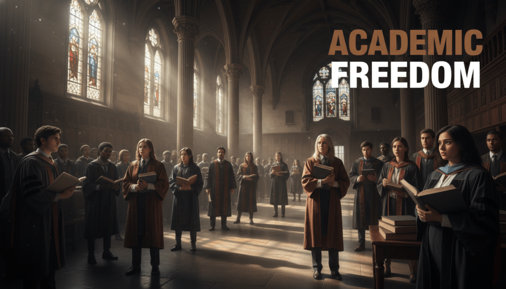 A photojournalistic style image capturing a diverse group of university students and professors gathered in a grand, historic university hall in Alabama. The scene features cinematic lighting, with shafts of late afternoon sunlight cutting through tall arched windows, illuminating dust motes and casting long, dramatic shadows that hint at a "chilling effect." The faces of the students and professors show a mix of concern, quiet resolve, and subtle defiance, some holding textbooks or academic papers. Realistic textures of old carved wood, stone, and worn academic regalia are prominent. The overall mood is contemplative yet charged with an unspoken tension, balancing a sense of struggle and intellectual pursuit.