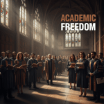 A photojournalistic style image capturing a diverse group of university students and professors gathered in a grand, historic university hall in Alabama. The scene features cinematic lighting, with shafts of late afternoon sunlight cutting through tall arched windows, illuminating dust motes and casting long, dramatic shadows that hint at a "chilling effect." The faces of the students and professors show a mix of concern, quiet resolve, and subtle defiance, some holding textbooks or academic papers. Realistic textures of old carved wood, stone, and worn academic regalia are prominent. The overall mood is contemplative yet charged with an unspoken tension, balancing a sense of struggle and intellectual pursuit.