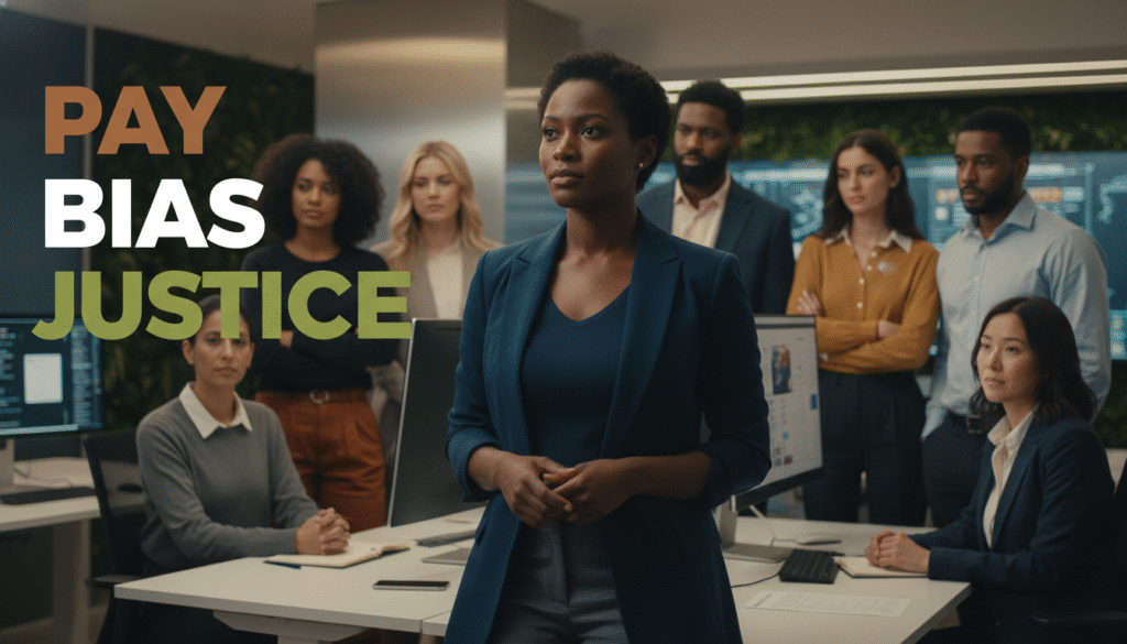 A photojournalistic style image of a diverse group of young to middle-aged tech professionals, with a strong focus on several Black individuals, in a modern, well-lit but emotionally resonant office environment. A central Black woman, appearing reflective but determined, looks slightly off-camera, her hands lightly clasped. Around her, a supportive, diverse group of colleagues, some standing, some seated at modern workstations, show expressions of quiet solidarity and resilience. Cinematic lighting casts soft but purposeful light on their faces, emphasizing realistic skin textures and the subtle weave of their professional-casual clothing. The background includes blurred elements of minimalist tech office architecture and screens, hinting at a corporate tech giant without explicit branding. The overall mood conveys collective strength and the cautious anticipation of justice achieved after a long struggle against systemic bias.