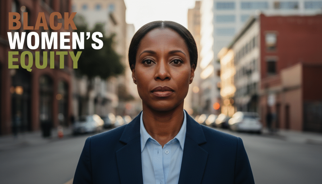 A photojournalistic style image capturing a determined Black woman in her mid-40s, standing with quiet strength amidst a bustling urban California street scene. She wears contemporary business casual attire—a crisp blazer over a collared shirt—her posture radiating resilience and leadership. Her gaze is direct and focused, lines around her eyes hinting at years of advocacy and the immense pressures of balancing family and societal movements. The background is a soft-focus blur of diverse city architecture, subtly featuring both historical brick facades and modern glass structures, symbolizing the enduring legacy of struggle and progress. Cinematic natural light sculpts her face, highlighting realistic skin textures with warm tones, while deep, soft shadows add depth and convey the weight of her commitment. The overall mood is one of profound determination, perseverance, and a subtle undercurrent of the invisible labor carried for generations.
Text overlay: 'BLACK WOMEN'S EQUITY' in a multi-line H2 'impact' font, ALL CAPS. The first word 'BLACK' is **Bronze (#966327)**, the second word 'WOMEN'S' is **White**, and the third word 'EQUITY' is **Olive (#303116)**. Each word should be on its own line for maximum visual separation and impact. Position the text prominently in the upper left quadrant of the image, ensuring it remains entirely outside a 15% "safe zone" from all edges of the frame. The text must be perfectly legible, balanced within the composition, and under no circumstances obstruct the main subject of the photograph.