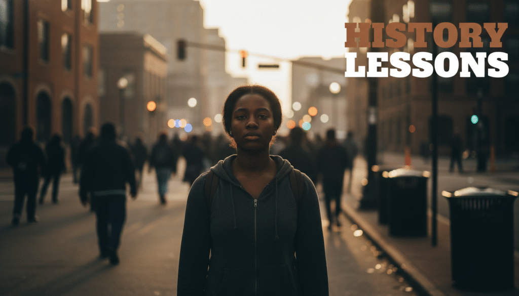 A photojournalistic style image capturing a powerful, poignant moment during a racial justice protest in a contemporary urban setting, reminiscent of Cincinnati. The main subject is a resolute young Black woman, her face illuminated by cinematic, dramatic golden hour lighting, highlighting her determined expression. She stands slightly off-center, looking forward with purpose. In the background, out of focus but visible, are silhouettes of diverse protestors, and the faint, diffused glow of distant streetlights or emergency vehicle lights through a slight atmospheric haze, hinting at the lingering aftermath of a confrontation. The urban landscape features realistic textures of brick buildings and worn asphalt, with subtle hints of historical architecture blending with modern street elements. The overall mood is one of enduring struggle and an unwavering demand for justice, with deep shadows and strong highlights creating a chiaroscuro effect.