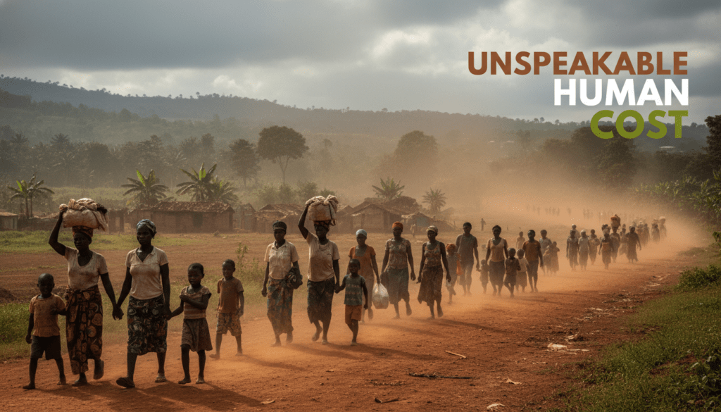A photojournalistic style image of a vast, winding procession of internally displaced people (IDPs) traversing a dusty, red-earth road in Eastern Democratic Republic of Congo. The scene unfolds under a dramatic, overcast sky, occasionally breaking to reveal shafts of cinematic light that highlight figures. Families, including women carrying bundles on their heads and tired children clinging to their parents, walk with determined but weary expressions. Their clothes are worn, reflecting the long journey. In the midground, small, makeshift shelters or the remains of a conflict-affected village are visible, blending into the rich, realistic textures of the dense, green Congolese jungle that frames the distant hills. The air is thick with dust, subtly obscuring the horizon. The focus is on the human element, capturing resilience amidst profound hardship, with a wide, epic scope. Realistic textures, deep shadows and highlights creating a sense of gravitas and urgency.