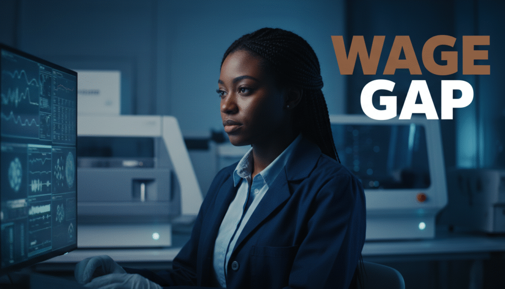 A photojournalistic style image of a solo young Black woman, mid-20s, intensely focused on a complex diagnostic screen displaying medical data in a pristine, modern biomedical technology lab. She wears a professional, dark blue lab coat, and her expression is a mix of concentration and quiet determination. Her hands, partially visible, are expertly manipulating controls. The background shows blurred but advanced machinery, glowing softly with operational lights, suggesting a high-skill, high-stakes environment. Cinematic lighting creates sharp contrasts and defines contours, with a key light illuminating her face and the screen, while subtle, cool-toned shadows hint at the underlying systemic challenges. Realistic textures on her braided hair, skin, the woven fabric of her lab coat, and the polished metallic sheen of the equipment emphasize authenticity and depth.