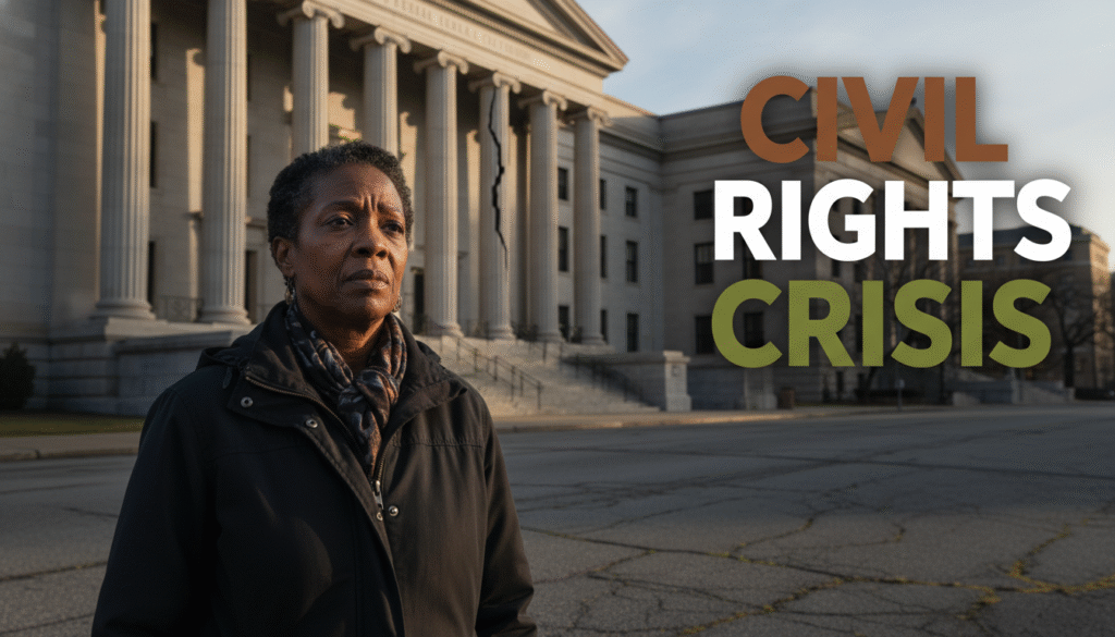 A photojournalistic style image capturing a somber, cinematic scene. A dignified, resilient African American woman in her 50s, with a concerned yet determined expression, stands slightly off-center in the foreground of a weathered, urban street. Her face shows the weight of history and present struggles. Behind her, an imposing, classical federal courthouse or government building, partially obscured by soft, fading golden hour light, appears subtly neglected with a visible crack running down one of its grand stone columns, hinting at decay. The street beneath her feet is cracked and worn. Cinematic, low-key lighting emphasizes realistic textures of weathered stone, aged concrete, and her resilient skin, creating a mood of historical weight and current vulnerability.