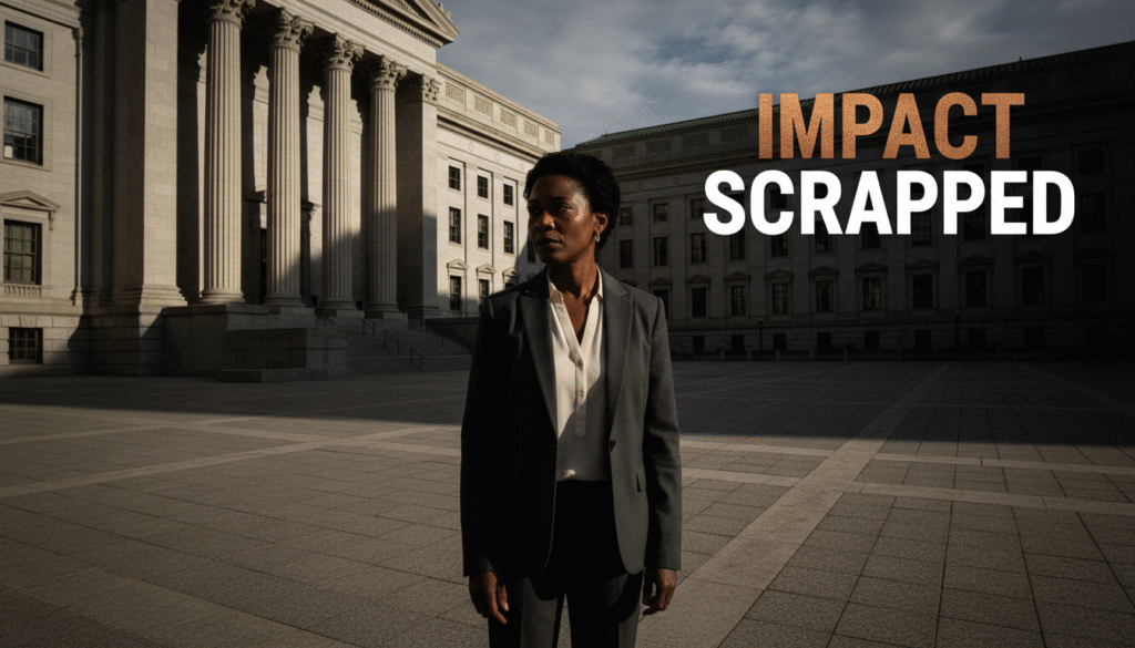 ALT IMAGE TEXT: A photojournalistic style image capturing a somber, realistic scene in an urban environment. A dignified Black woman, mid-30s to 50s, stands contemplatively on a wide, empty public plaza in front of a grand, imposing federal courthouse or government building. The building's neoclassical architecture looms large, with shadowed columns and a sense of inaccessibility, symbolizing systemic barriers. The woman, dressed in professional attire (e.g., a dark blazer), is looking away from the building, her expression conveying a quiet burden, frustration, or deep concern about injustice. Strong, cinematic chiaroscuro lighting from a low, late afternoon sun casts long, dramatic shadows across the plaza and partially obscures the building's entrance. Realistic textures are emphasized: the rough granite of the building, the weathered paving stones, and the subtle details of her skin and clothing. Overlay the text 'IMPACT\nSCRAPPED' in a bold, multi-line H2 'impact' font, all capital letters. The word 'IMPACT' must be rendered in Bronze, and the word 'SCRAPPED' must be rendered in White. Ensure the words are visually separated and 'pop' against the background. Position all text outside a 15% "safe zone" from all edges of the image (leaving at least a 15% margin around the frame), placed in a clear area of the sky or a plain architectural section, ensuring it is completely visible, balanced, and does not obstruct the woman or the most critical architectural details.