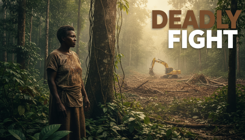 A photojournalistic style image capturing a resilient Afro-descendant woman in her 40s, a community leader, standing protectively at the edge of a dense, humid rainforest, her gaze fixed on the visible scar of deforestation in the middle distance where an excavator subtly operates. Golden hour cinematic lighting filters through the remaining canopy, casting dappled light and long shadows, highlighting the moisture on broad leaves and the rich, realistic textures of her hands, her worn clothing, and the weathered bark of an ancient tree beside her. Her expression conveys unwavering resolve mixed with deep concern for her ancestral lands, reflecting the perilous fight. WITH TEXT OVERLAY: 'DEADLY FIGHT' rendered in a multi-line, large, bold H2 impact font, ALL CAPS, with each word on a separate line for visual separation. The word 'DEADLY' is Bronze, and the word 'FIGHT' is White. The text is positioned in the upper-right quadrant, clearly outside a 15% safe zone from all edges, ensuring it is completely visible, balanced, and does not obstruct the main subject.