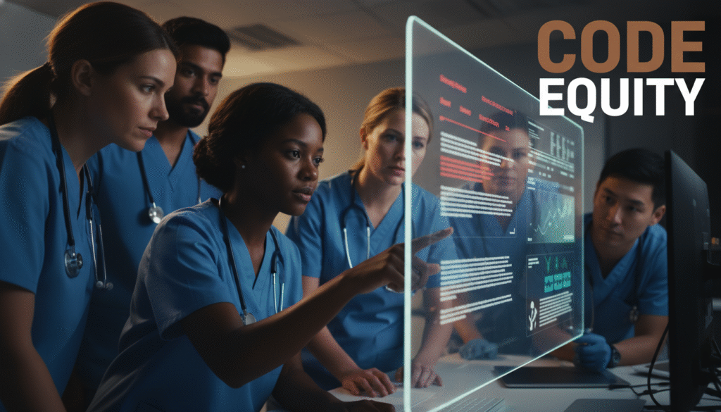 A photojournalistic style image of a diverse group of healthcare professionals, prominently featuring a Black female researcher and other clinicians of varying backgrounds, intensely focused around a large, advanced holographic display in a modern, sterile medical AI laboratory. The display projects intricate, dynamic data visualizations initially showing biased algorithms with stark red indicators highlighting disparities in patient care outcomes based on race. The lead Black researcher points decisively to a segment of the data, her face reflecting a mix of concern and determination. A section of the display subtly shifts to green, indicating a corrected, equitable data flow. Cinematic lighting casts soft, focused illumination on their faces and the holographic screen, creating areas of dramatic shadow and bright highlights, emphasizing the gravity and hope of their work. Realistic textures are visible on their scrubs, the lab equipment, and the nuanced skin tones of the individuals. Text overlay: "CODE EQUITY". The text must be rendered in a multi-line H2 'impact' font, in ALL CAPS. "CODE" in **Bronze** color, "EQUITY" in **White** color. The text should 'pop' with visual separation between the words. Place the entire text block in the top right corner of the image, ensuring it remains completely outside a 15% "safe zone" from the edges of the frame and does not obstruct any part of the main subject (the researchers or the holographic display), appearing completely visible and balanced.