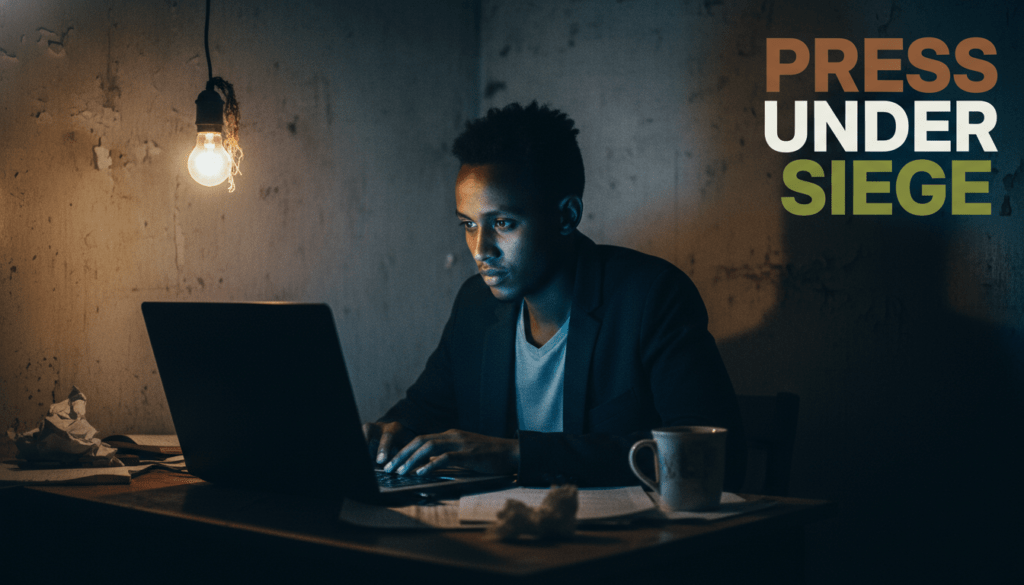 A photojournalistic style image of a determined young Ethiopian journalist, gender-neutral, intensely focused on a laptop in a dimly lit, austere room. The journalist's face is illuminated by the cool glow of the screen, creating strong shadows across the rest of their face and the surrounding space. A single, bare incandescent bulb hangs precariously from the ceiling, casting stark, cinematic light and deep, contrasting shadows that hint at unseen dangers. The room features textured, peeling paint on concrete walls and a worn wooden desk with scattered notes and a half-empty cup of coffee. The overall atmosphere is one of clandestine urgency and quiet defiance. Realistic film grain and shallow depth of field, with cinematic, gritty textures. Text overlay: 'PRESS\nUNDER\nSIEGE' in a multi-line H2 'impact' font, ALL CAPS. The word 'PRESS' is Bronze, 'UNDER' is White, and 'SIEGE' is Olive. Each word should "pop" with visual separation. Place the text prominently in the top-right corner, ensuring it remains completely visible and balanced, outside the 15% safe zone from all image edges, and does not obstruct the main subject.