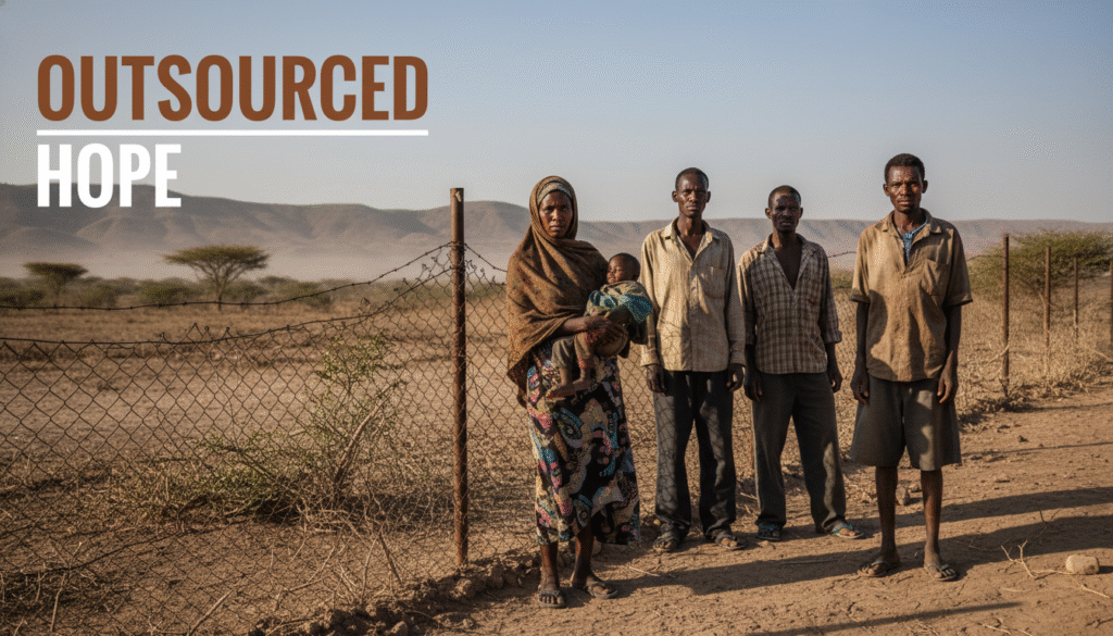 A photojournalistic style image depicting a cinematic, wide-angle scene of a small, weary group of asylum seekers, including a woman holding a child, standing near a rusted chain-link fence in a desolate, arid East African landscape. The ground is dry, cracked earth with sparse, thorny vegetation. The sky above is vast and pale blue, hinting at intense heat. Cinematic lighting with harsh, late afternoon sun casts long, dramatic shadows and highlights realistic textures on their worn clothing, the dusty ground, and the weathered fence. The faces show a blend of exhaustion and quiet resilience. A subtle dust haze hangs in the air, creating depth and atmosphere. Overlay the image with the text "OUTSOURCEDnHOPE" in a prominent, multi-line H2 'impact' font, all characters in ALL CAPS. The word "OUTSOURCED" must be rendered in BRONZE color. The word "HOPE" must be rendered in WHITE color. Ensure the text has visual separation between lines to make each word "pop." Position the entire text block clearly visible in the upper-left quadrant of the image, maintaining at least a 15% "safe zone" margin from all edges of the frame, and ensuring it does not obstruct the main subjects or critical visual elements of the scene.